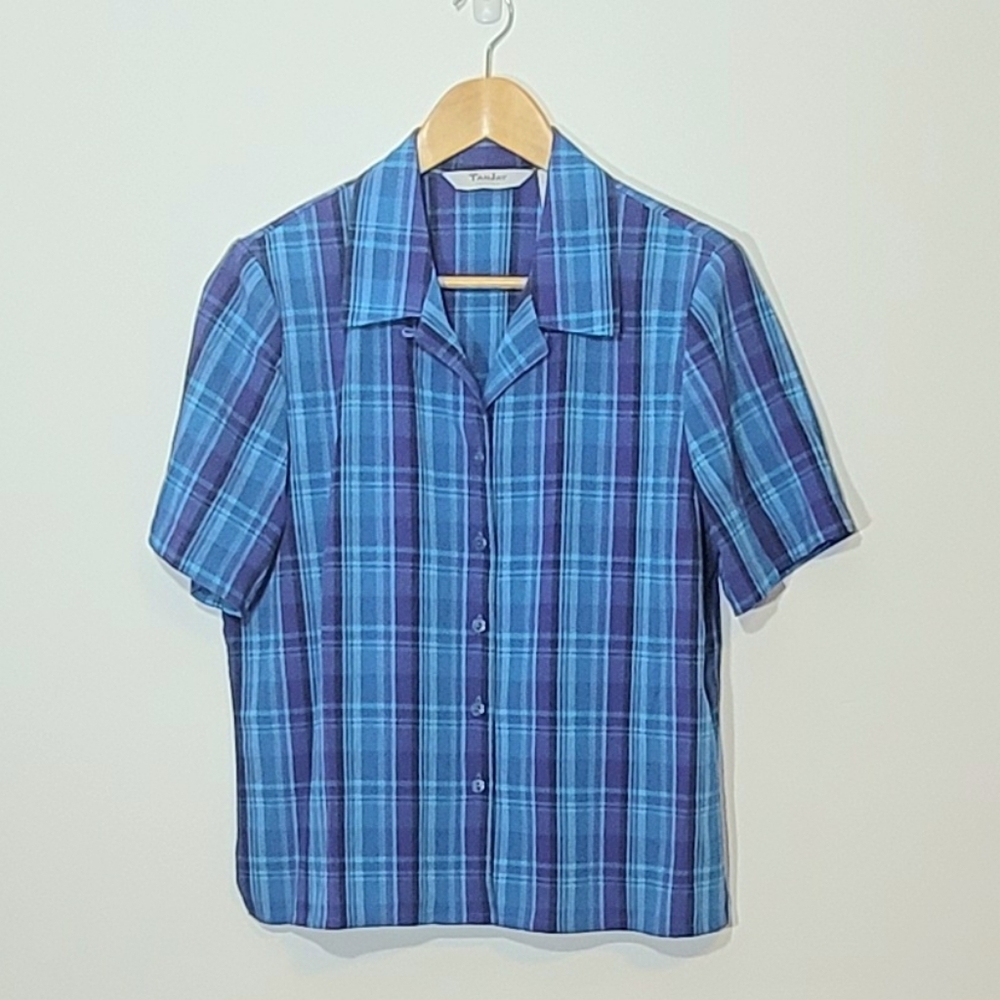 TanJay Petite Blue Tone Checkers Cotton Blend Short Sleeve Button Down Petite 10